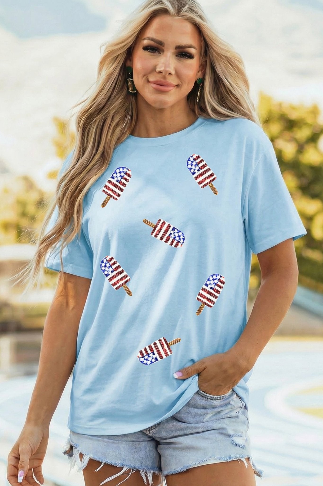 Light Blue Patriotic Sequin Popsicle T Shirt - Loving It Shop