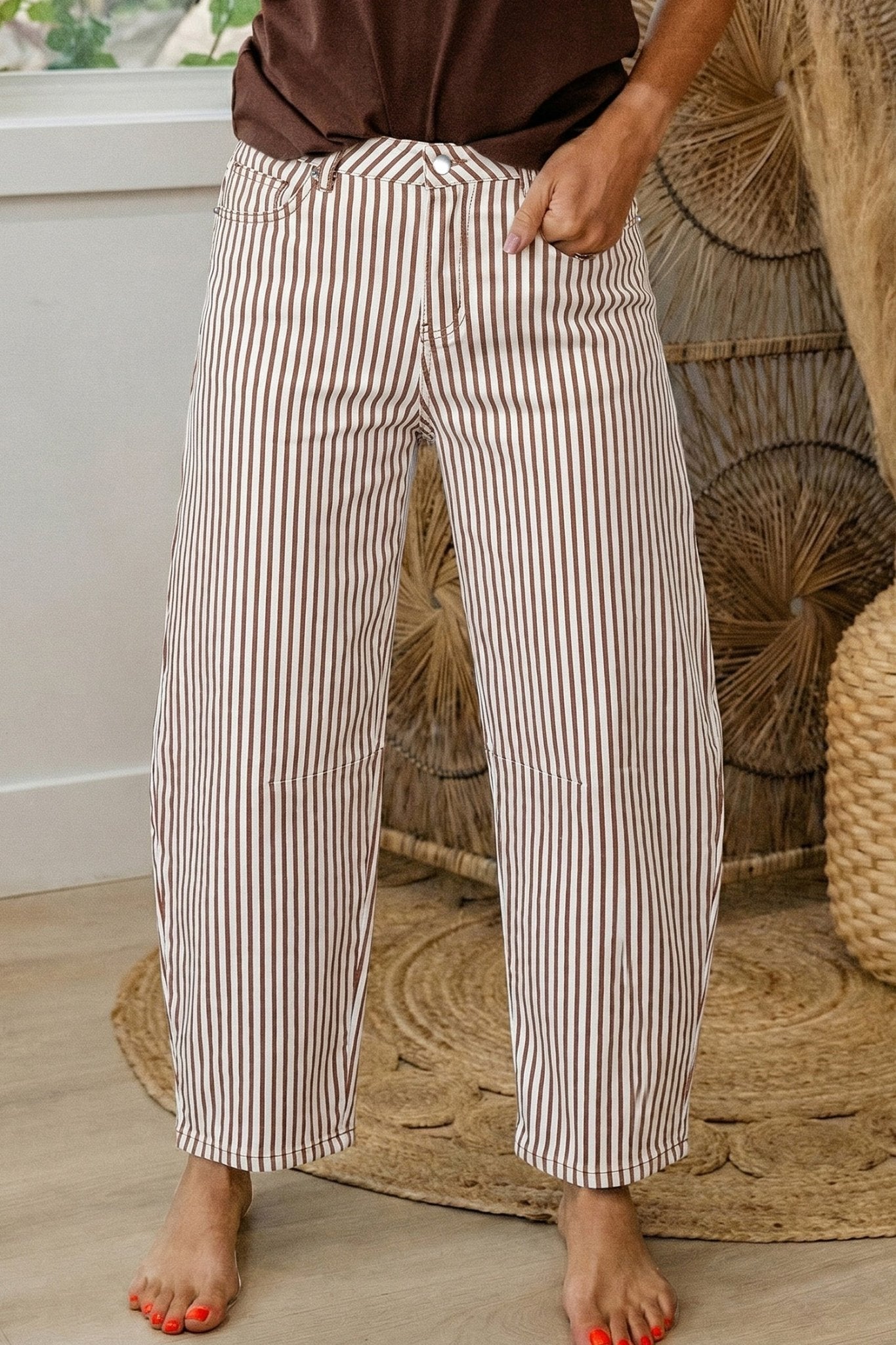Brown Stripe Casual Barrel Jeans - Loving It Shop