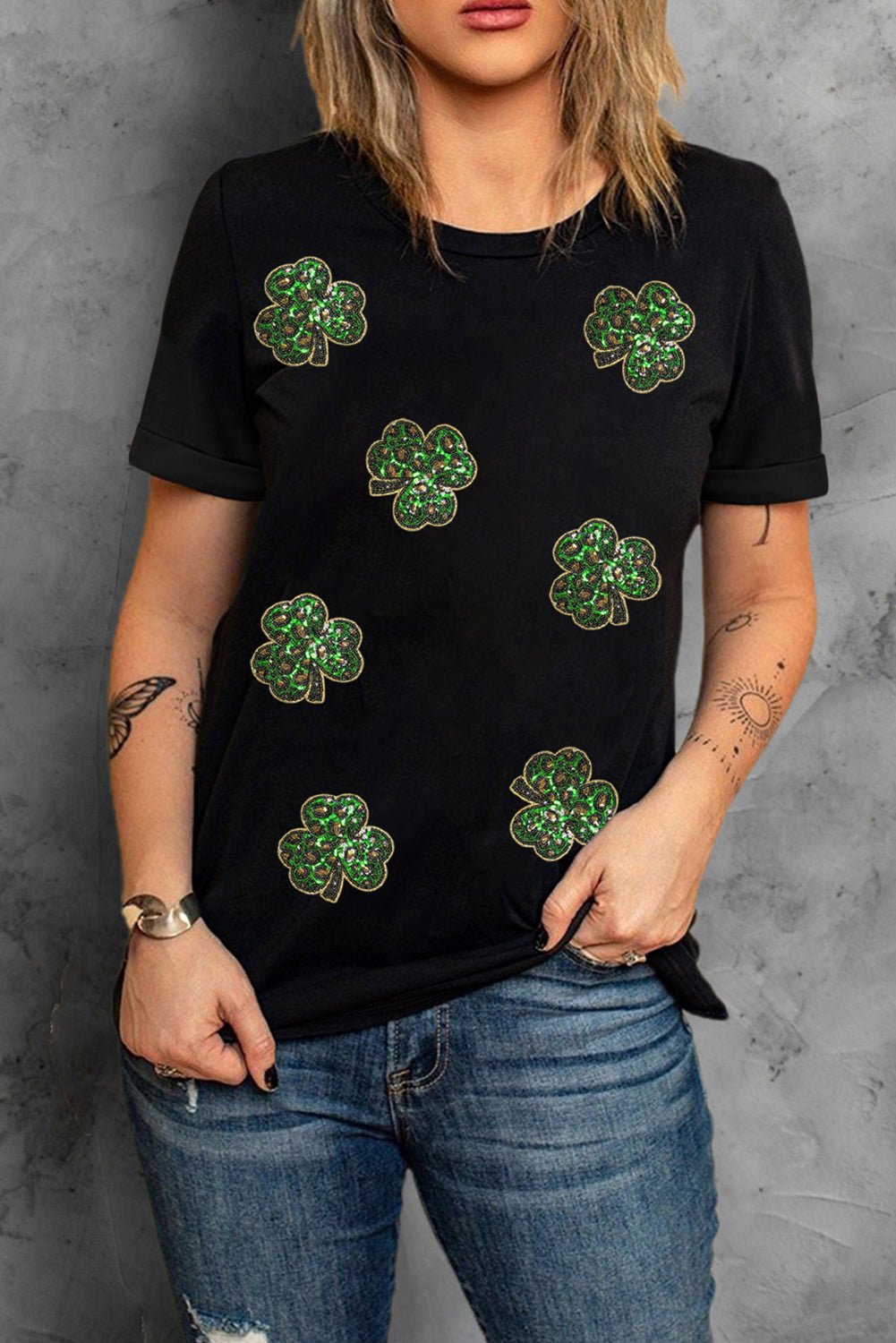 Black Sequin Leopard Clover Graphic Crewneck St Patrick Tee - Loving It Shop
