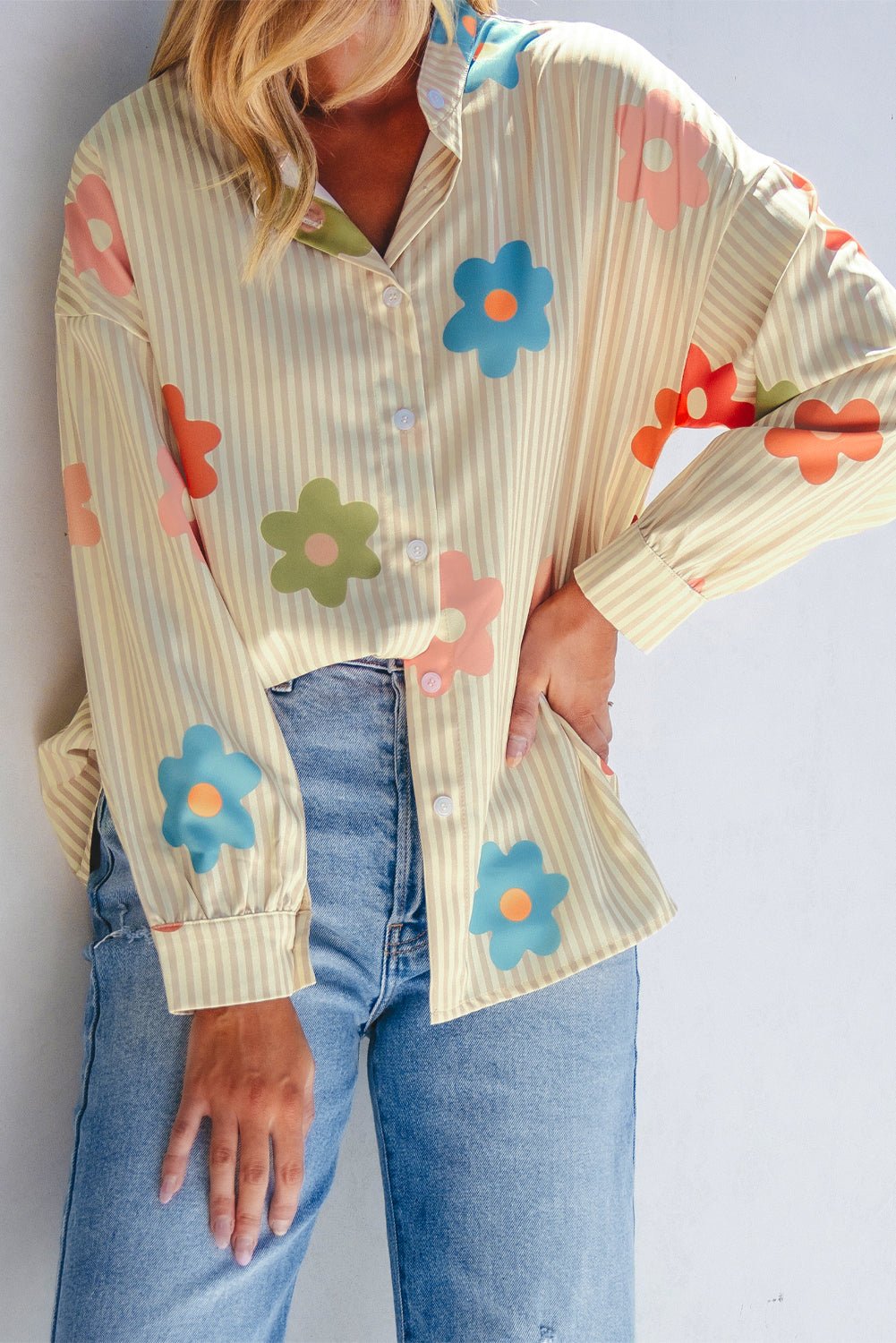 Apricot Stripe Flower Print Collared Button - up Loose Fit Shirt - Loving It Shop