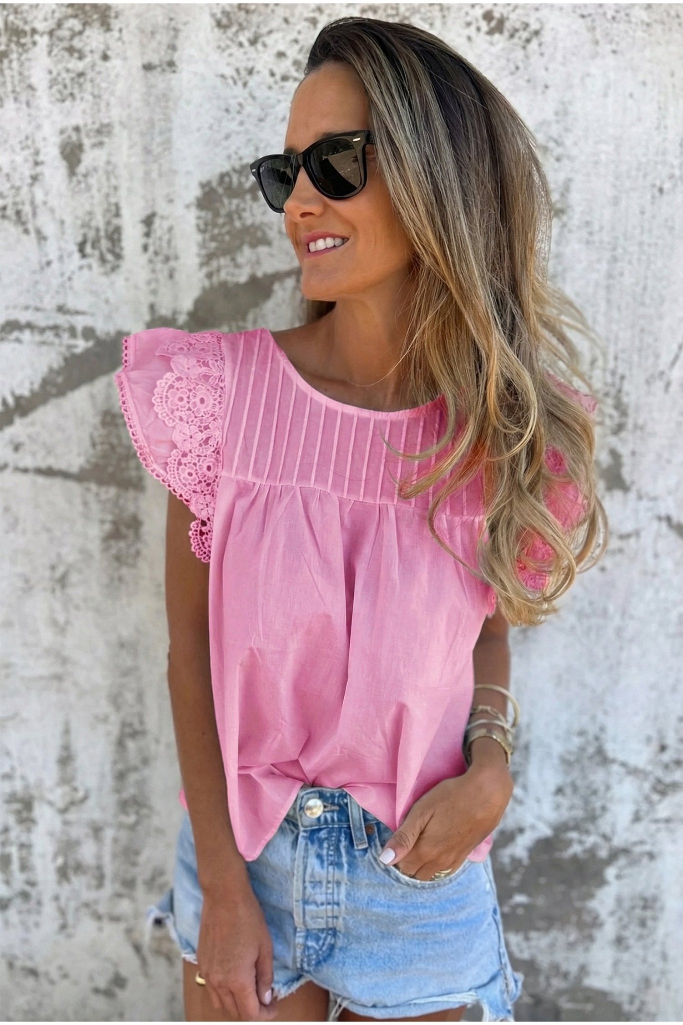 Bonbon Lace Detail Flutter Sleeve Pleated Round Neck Blouse - Loving It Shop