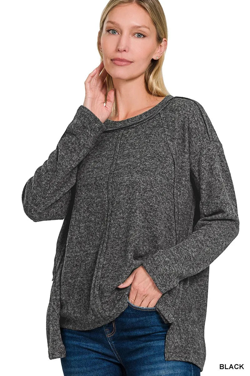Full Size Brushed Hacci Exposed Seam Hi Low Sweater Plus Size
