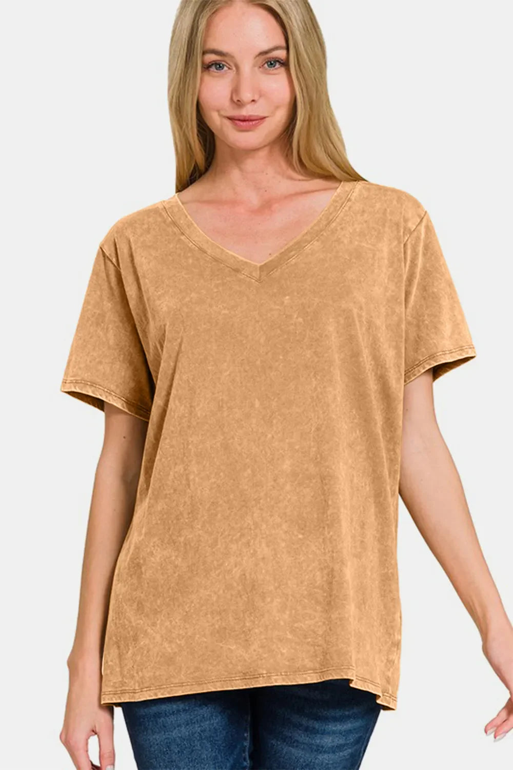Full Size Washed Short Sleeve V-Neck T-Shirt