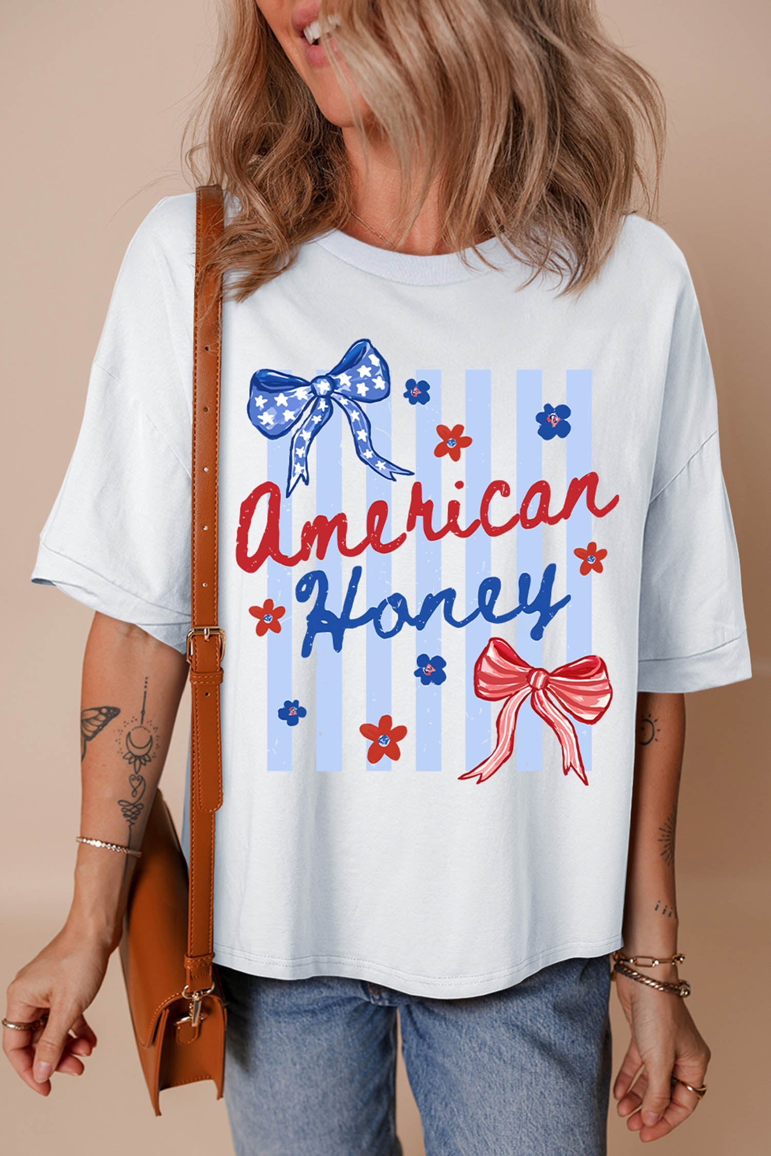 White American Honey Bow Flower Striped Graphic Tee - Loving It Shop