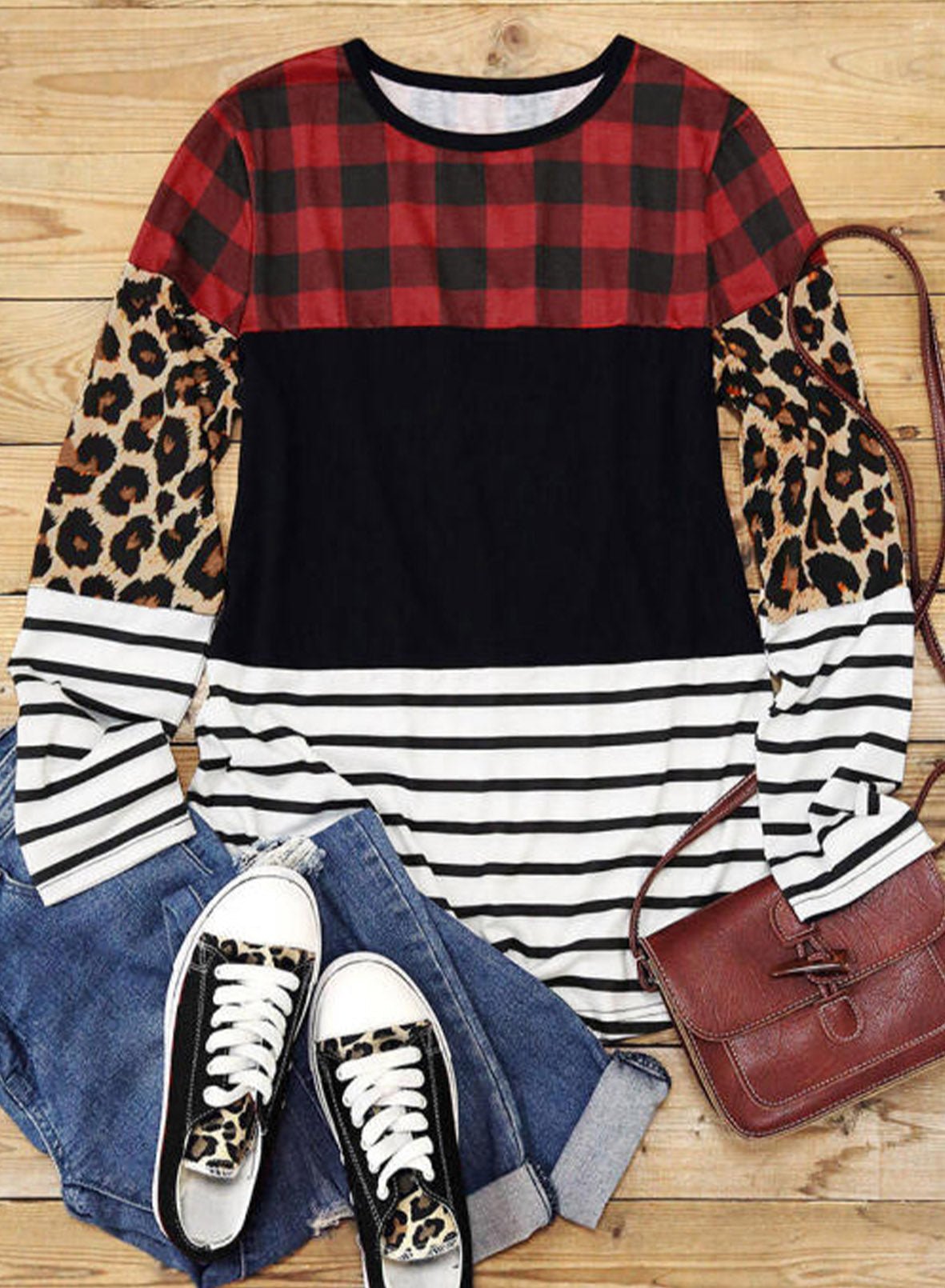 Plaid Print Leopard Splicing Striped Color Block Long Sleeve Top - Loving It Shop