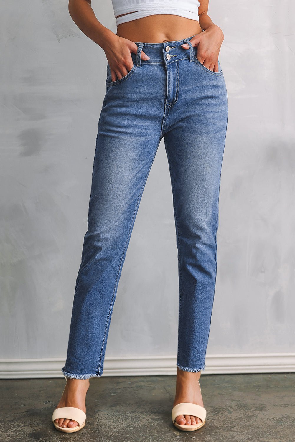 Sky Blue Double Button Raw Hem Slim Fit Jeans - Loving It Shop