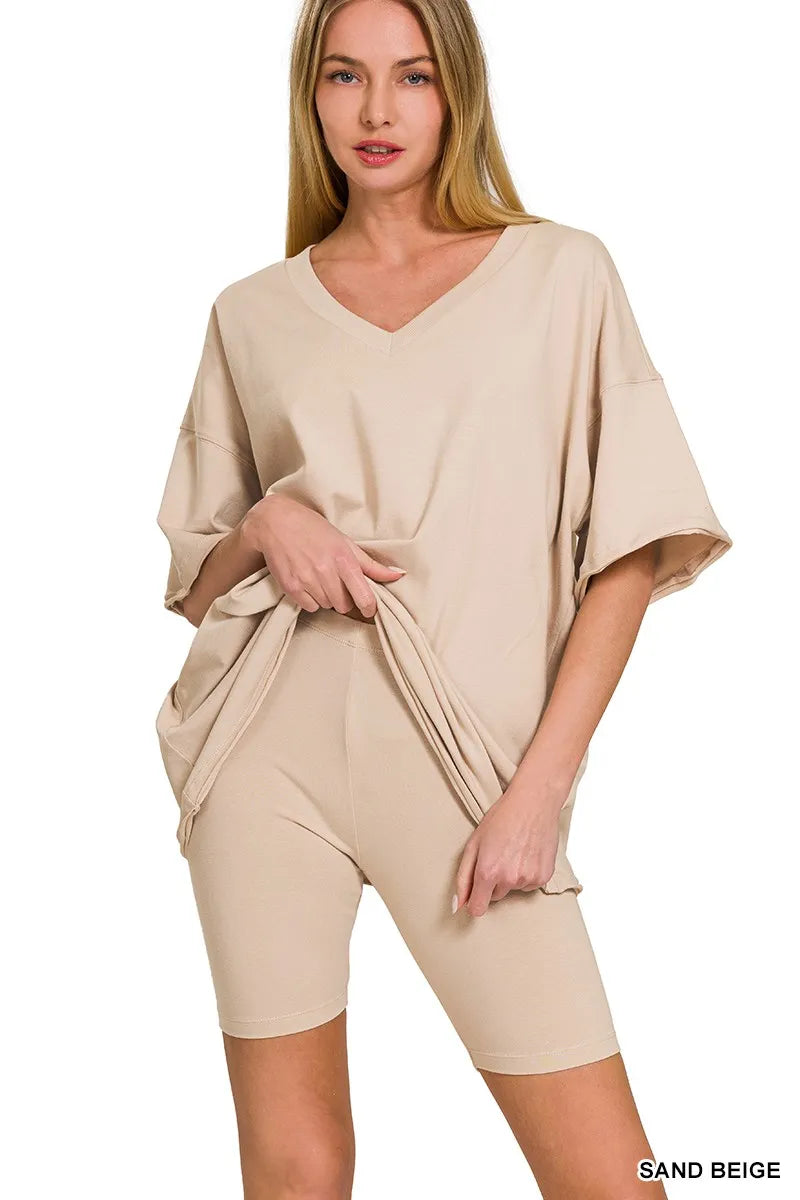 Cotton V-neck Top &amp; Biker Shorts Set