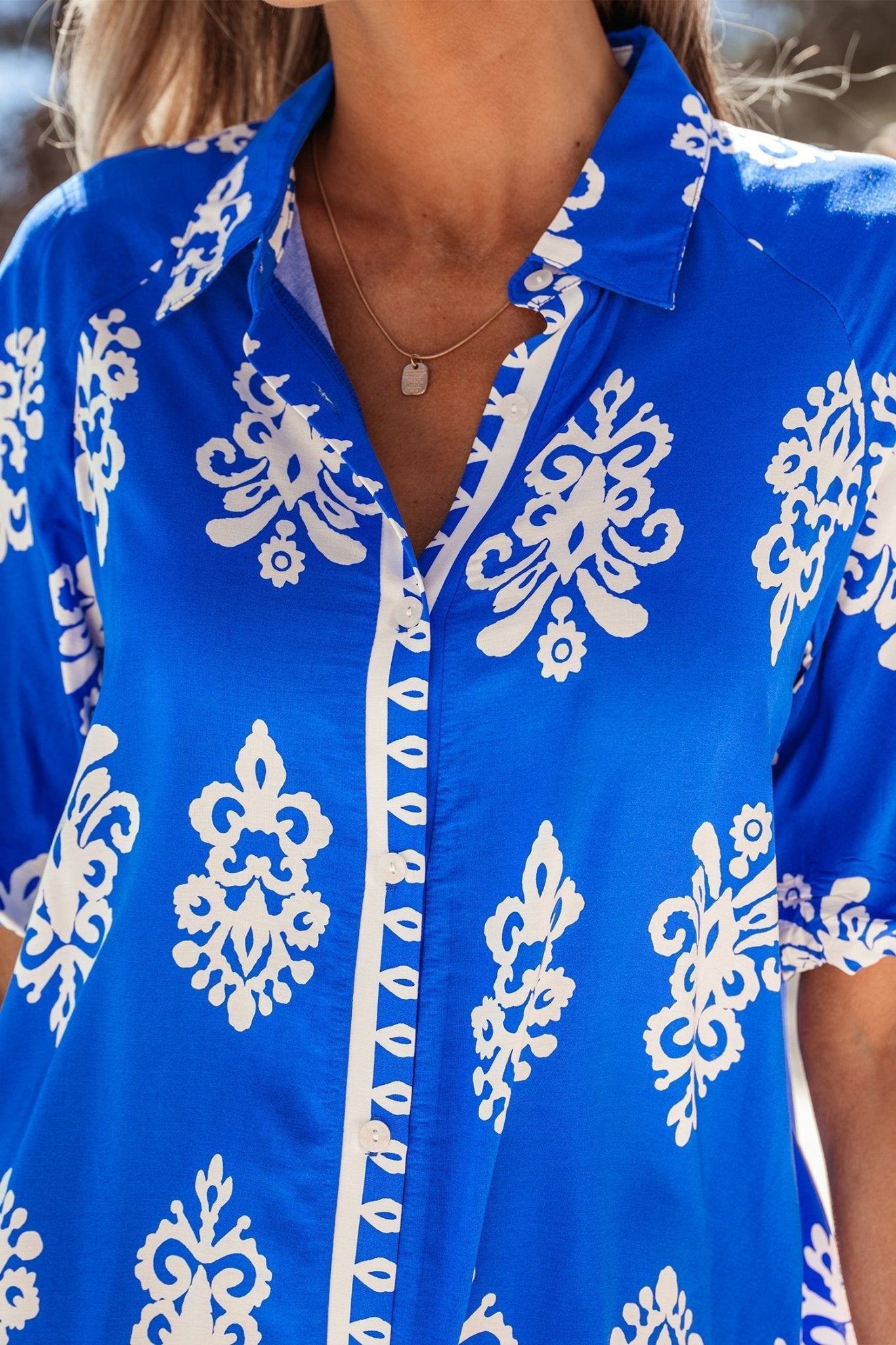 Blue Ethnic Geometric Print Collared Button Front Short Puff Sleeve Mini Dress - Loving It Shop
