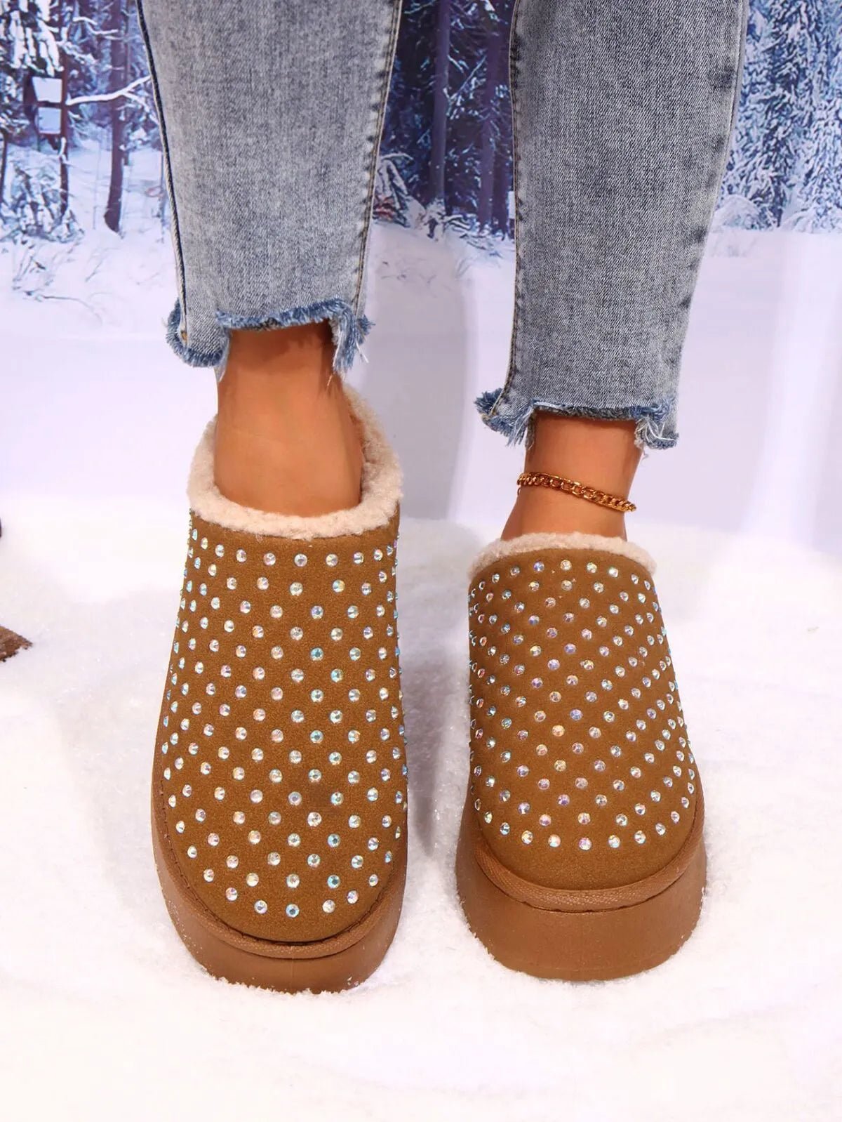 Rhinestone Round Toe Platform Slippers - Loving It Shop