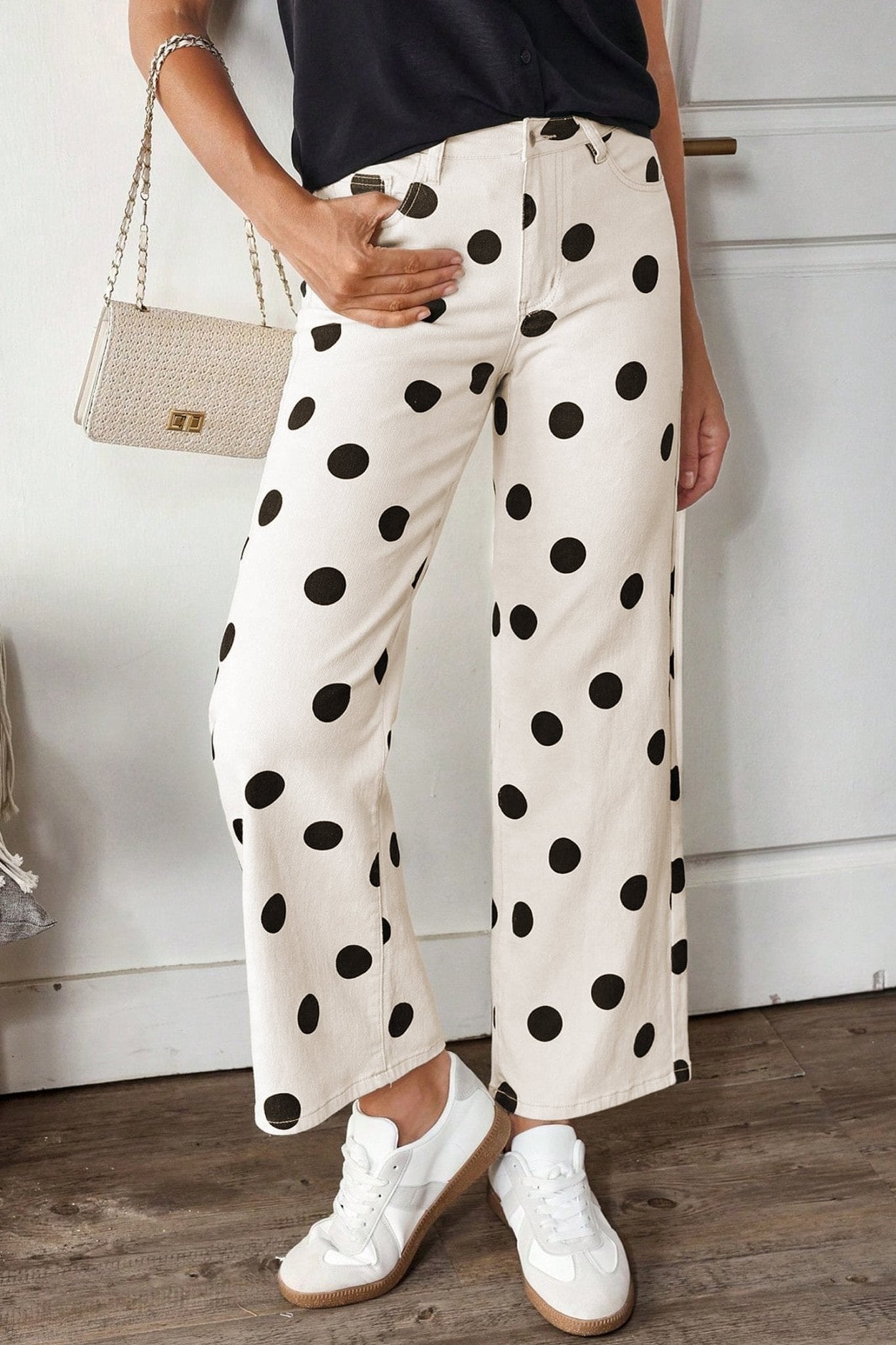 White Polka Dot Print Wide Leg Ankle - Length Jeans - Loving It Shop