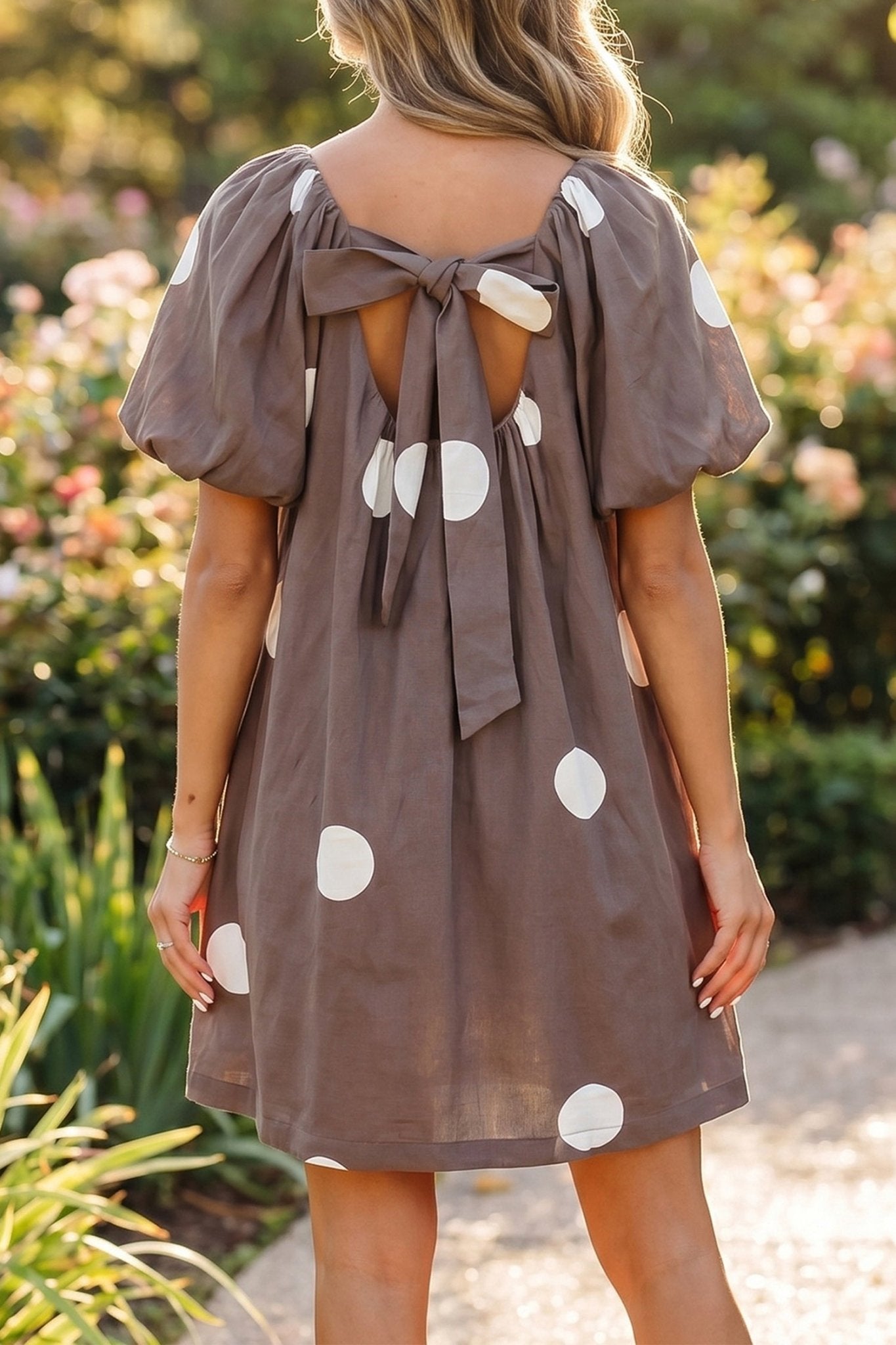 Brown Polka Dot Print Knot Back Short Puff Sleeve Loose Mini Dress - Loving It Shop