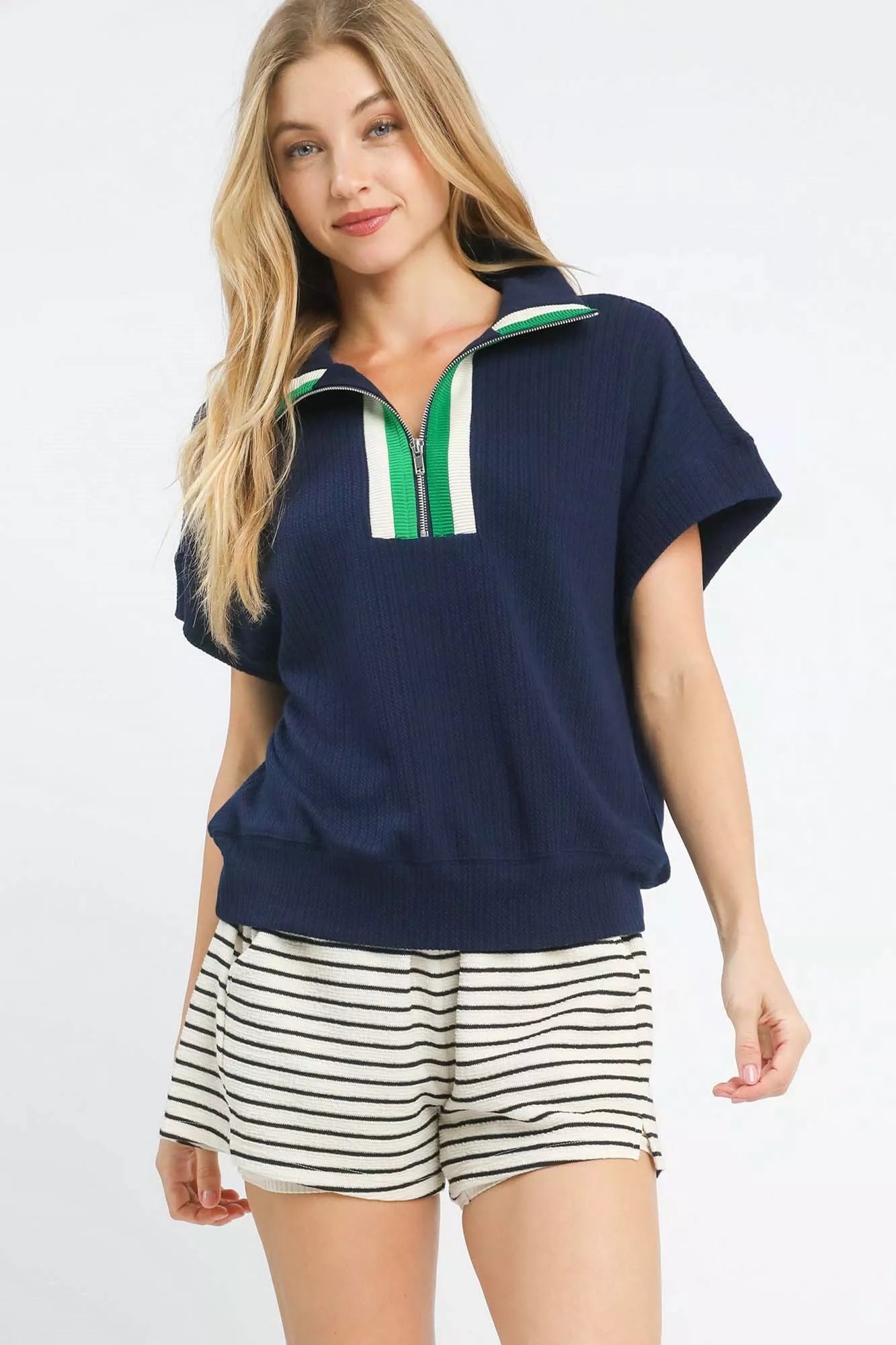 Textured Striped Zip Collar Knit Top