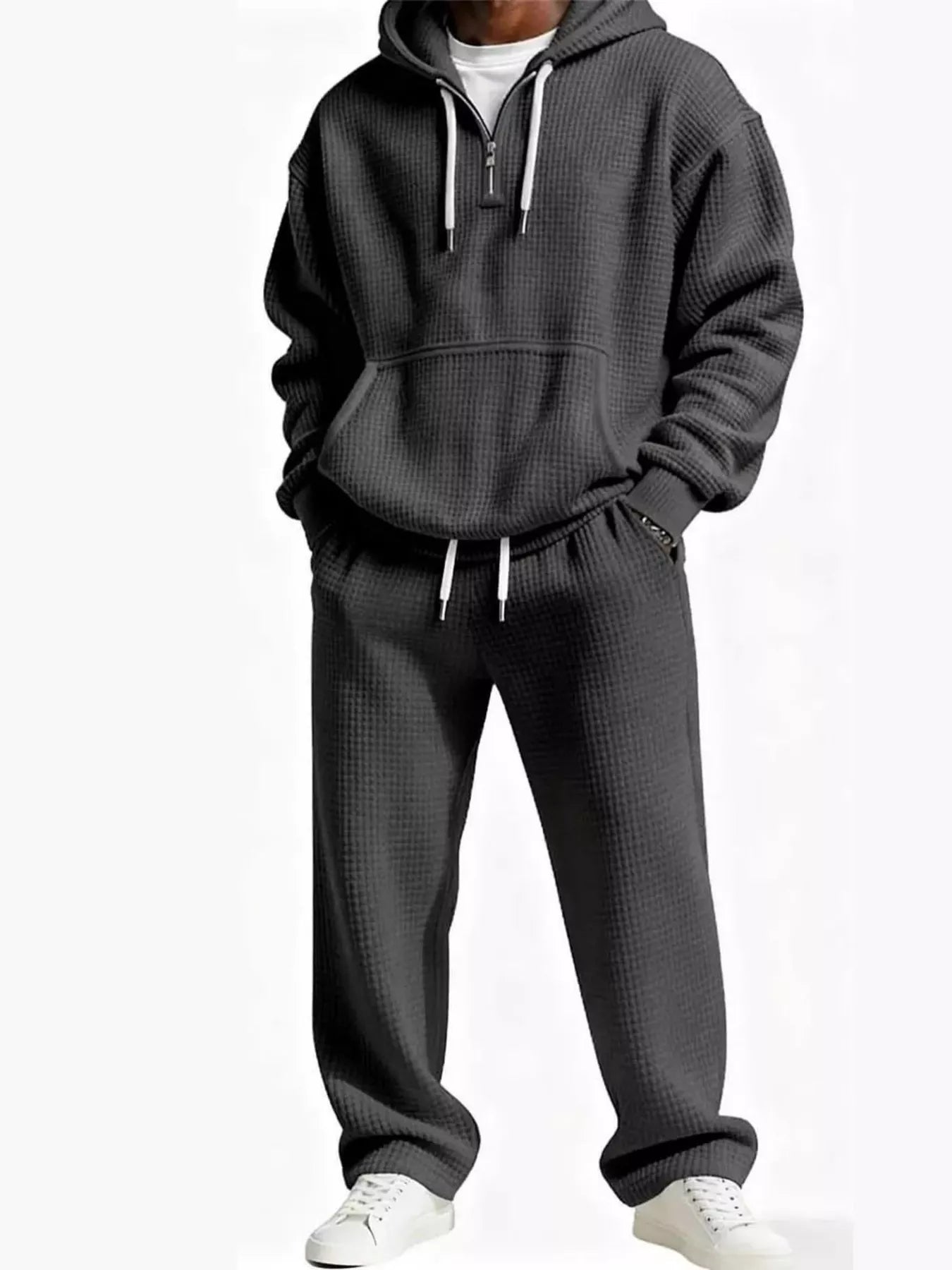 Men's Full Size Casual Waffle Knit Hoodie and Pants Set Plus Size