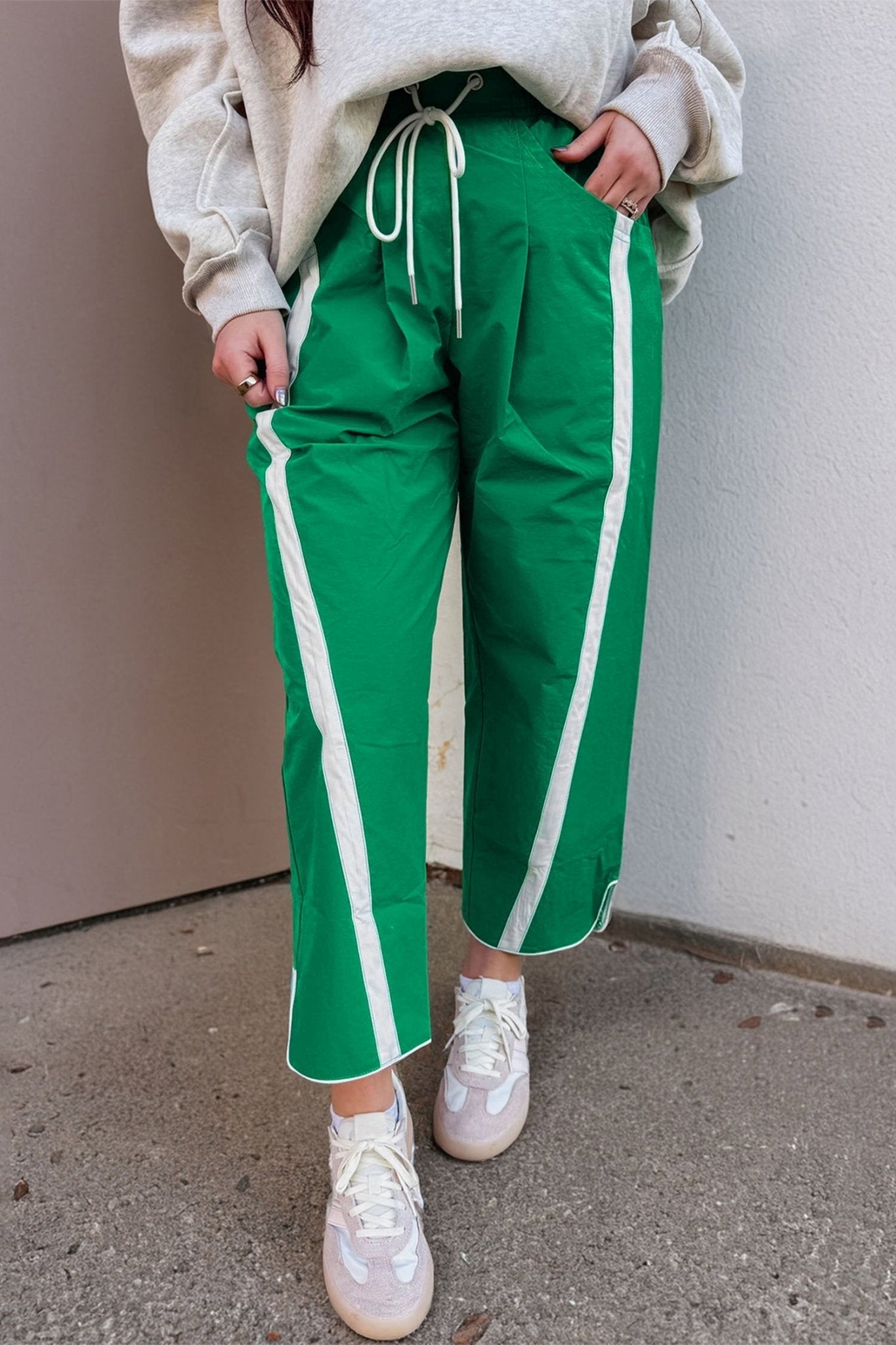 Bright Green Contrast Striped Smocked Waist Drawstring Cropped Casual Pants - Loving It Shop