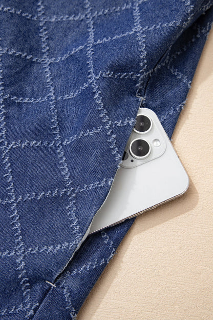 Sail Blue Rhombus Textured Collar Buttoned V Neck Denim Sleeveless Mini Dress - Loving It Shop