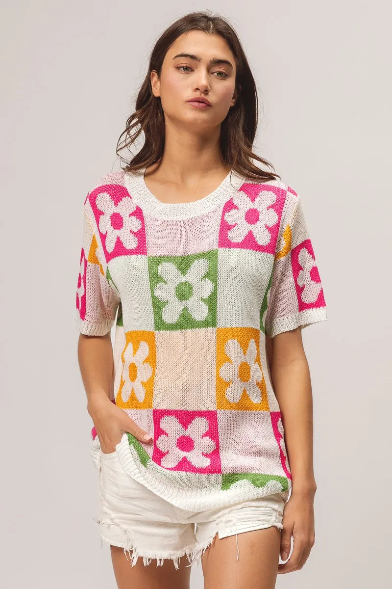 Flower Checker Pattern Lightweight Sweater Top