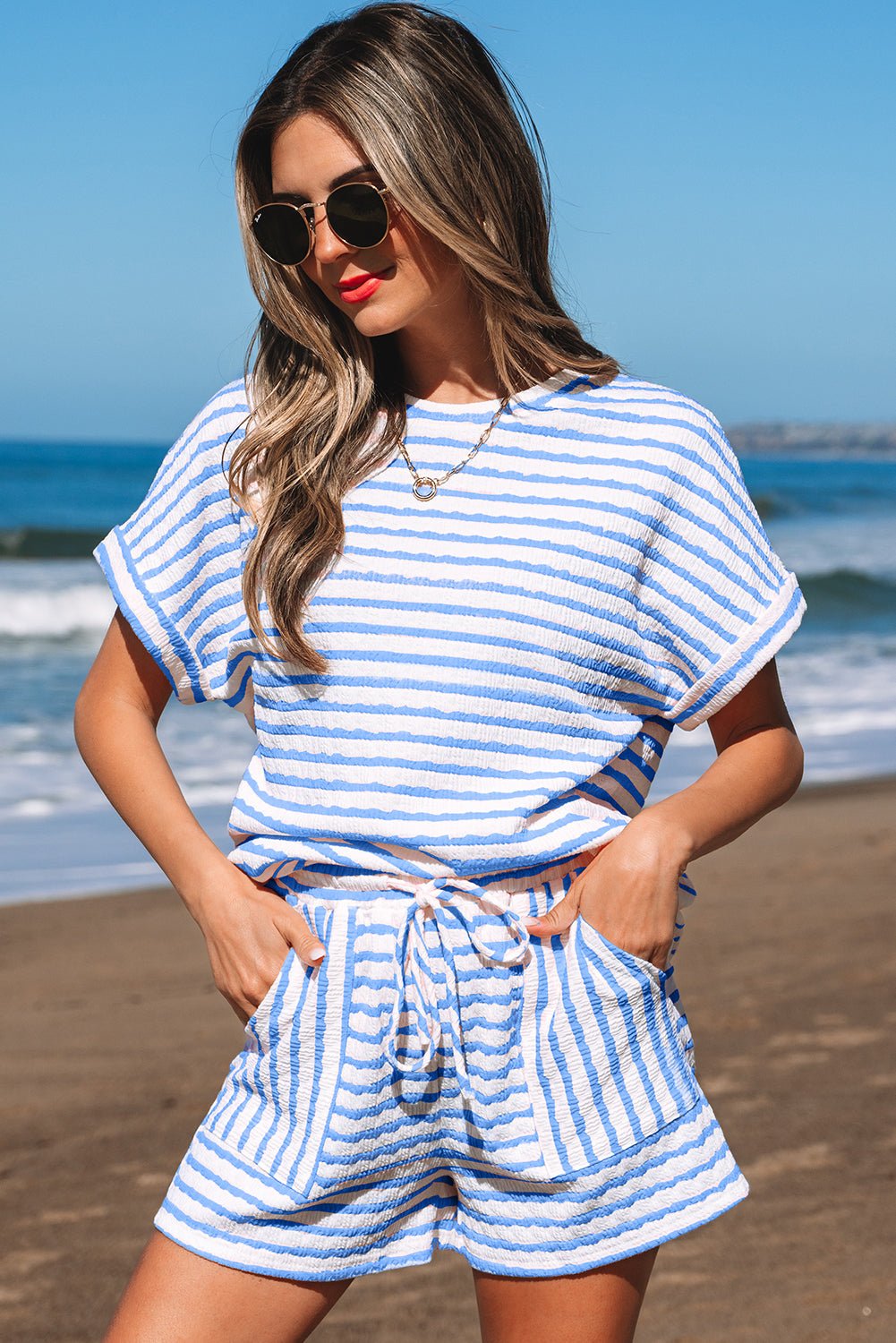 Sky Blue Stripe Knitted Short Sleeve Top and Drawstring Shorts Set - Loving It Shop