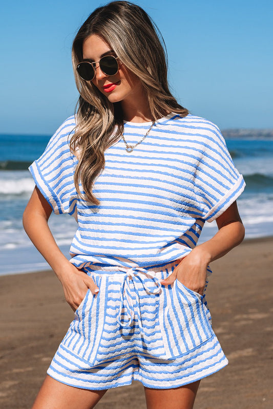 Sky Blue Stripe Knitted Short Sleeve Top and Drawstring Shorts Set - Loving It Shop
