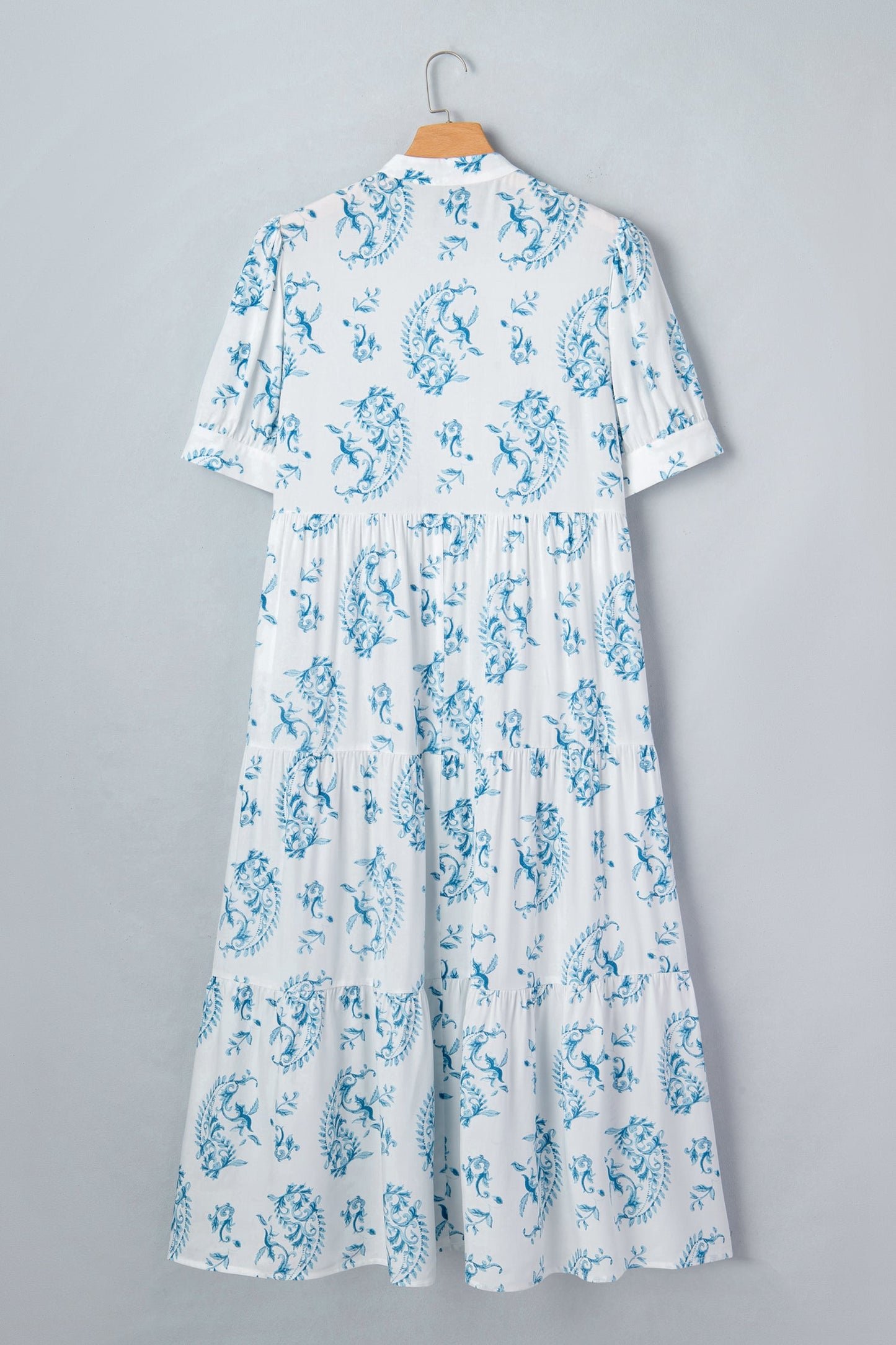 Sky Blue Plus Size Geometric Floral Print Button Split Neck Short Sleeve Maxi Dress