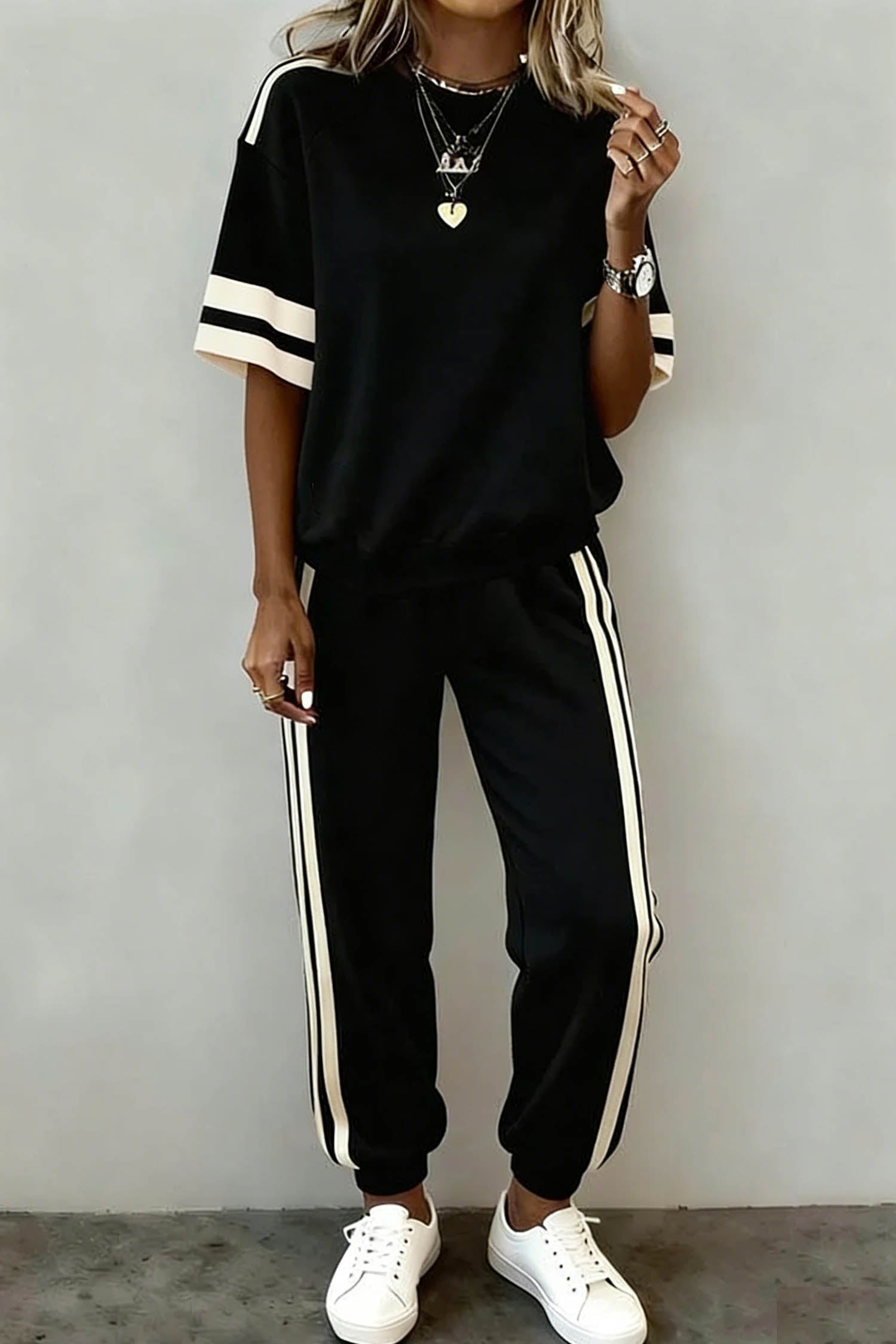 Black Varsity Striped Detail Loose Tee Jogger Pants 2pcs Outfit - Loving It Shop