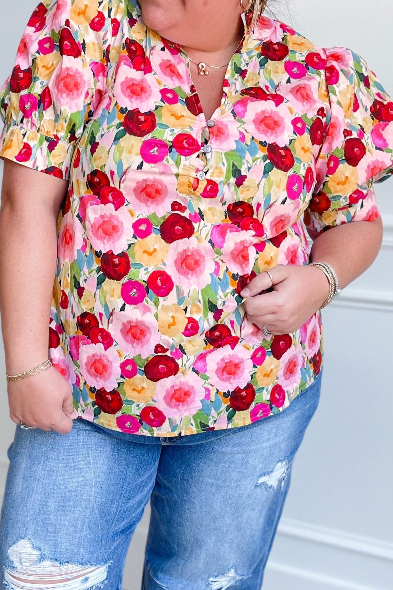 Pink Plus Size Flower Print Split V Neck Puff Short Sleeve Top - Loving It Shop