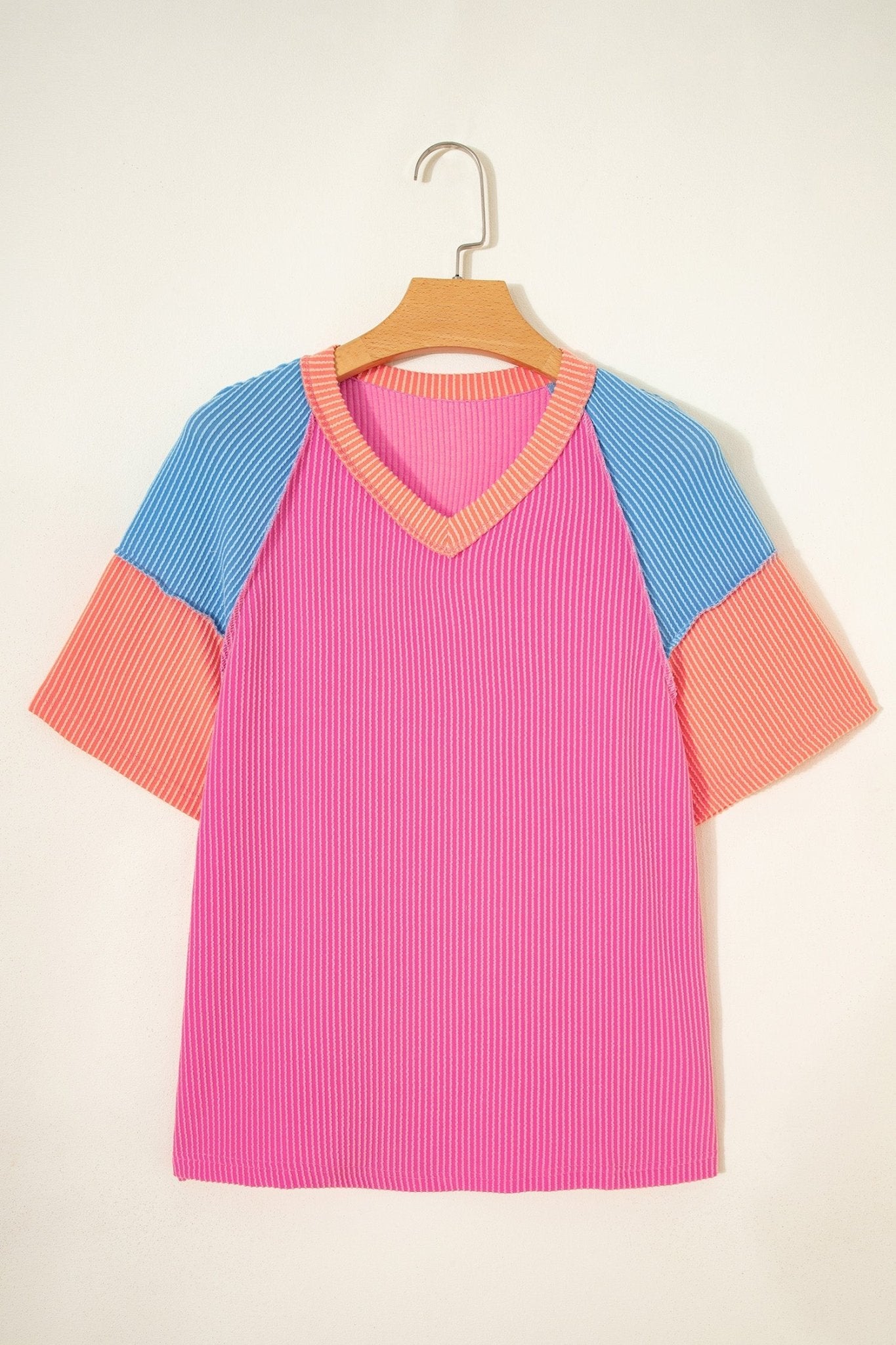 Rose Red Color Block Twisted Ribbed Tee - Loving It Shop