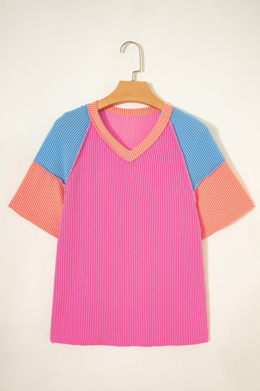 Rose Red Color Block Twisted Ribbed Tee - Loving It Shop
