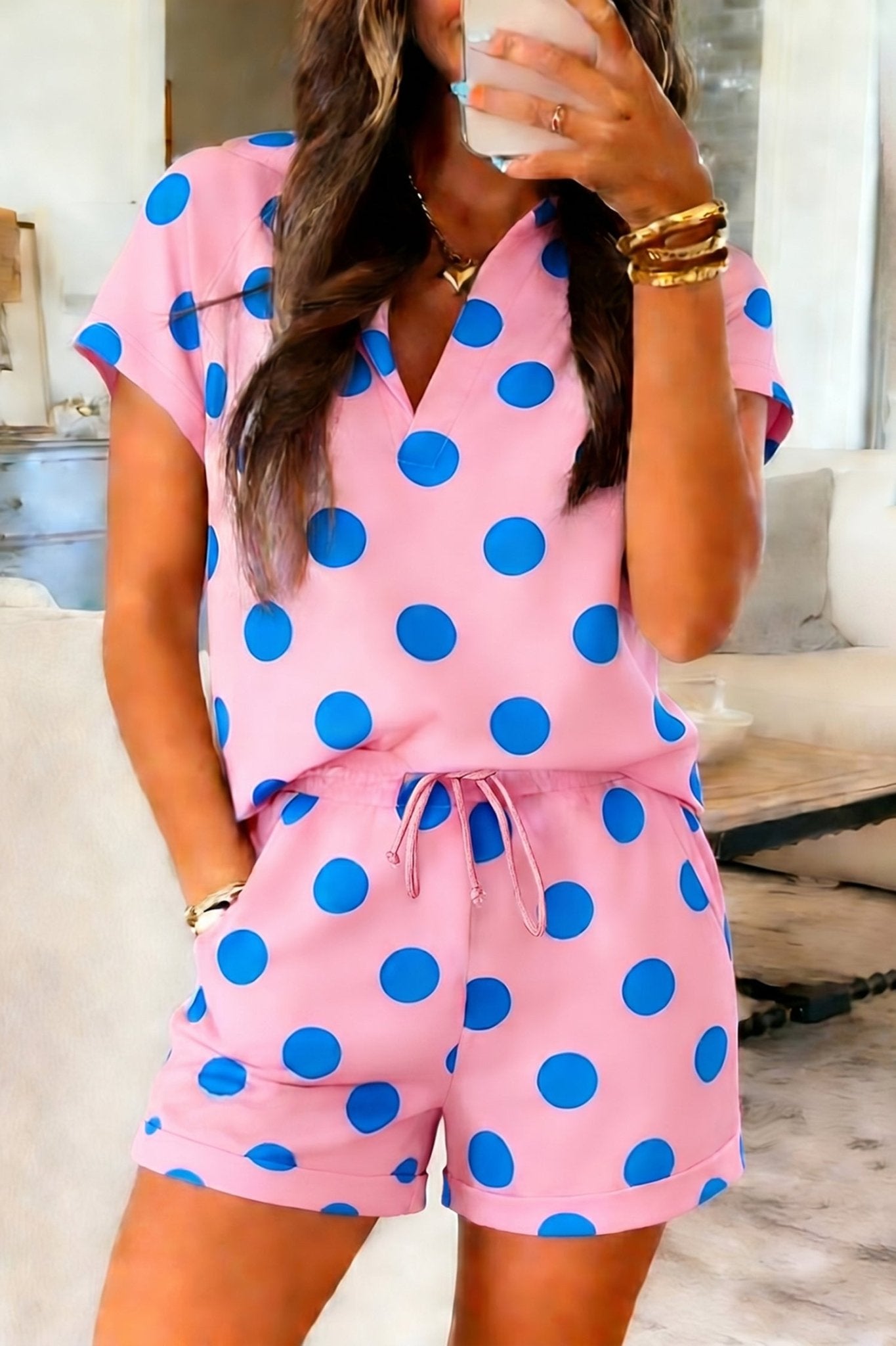 Pink Polka Dot Print V Neck Tee Short Set - Loving It Shop