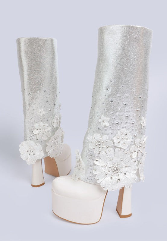 Sundra Floral Applique Platform Heeled Boots