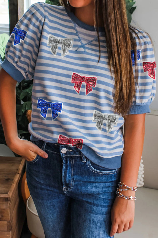 Sky Blue Stripe Patriotic Sequin Bow Graphic Short Puff Sleeve Top - Loving It Shop