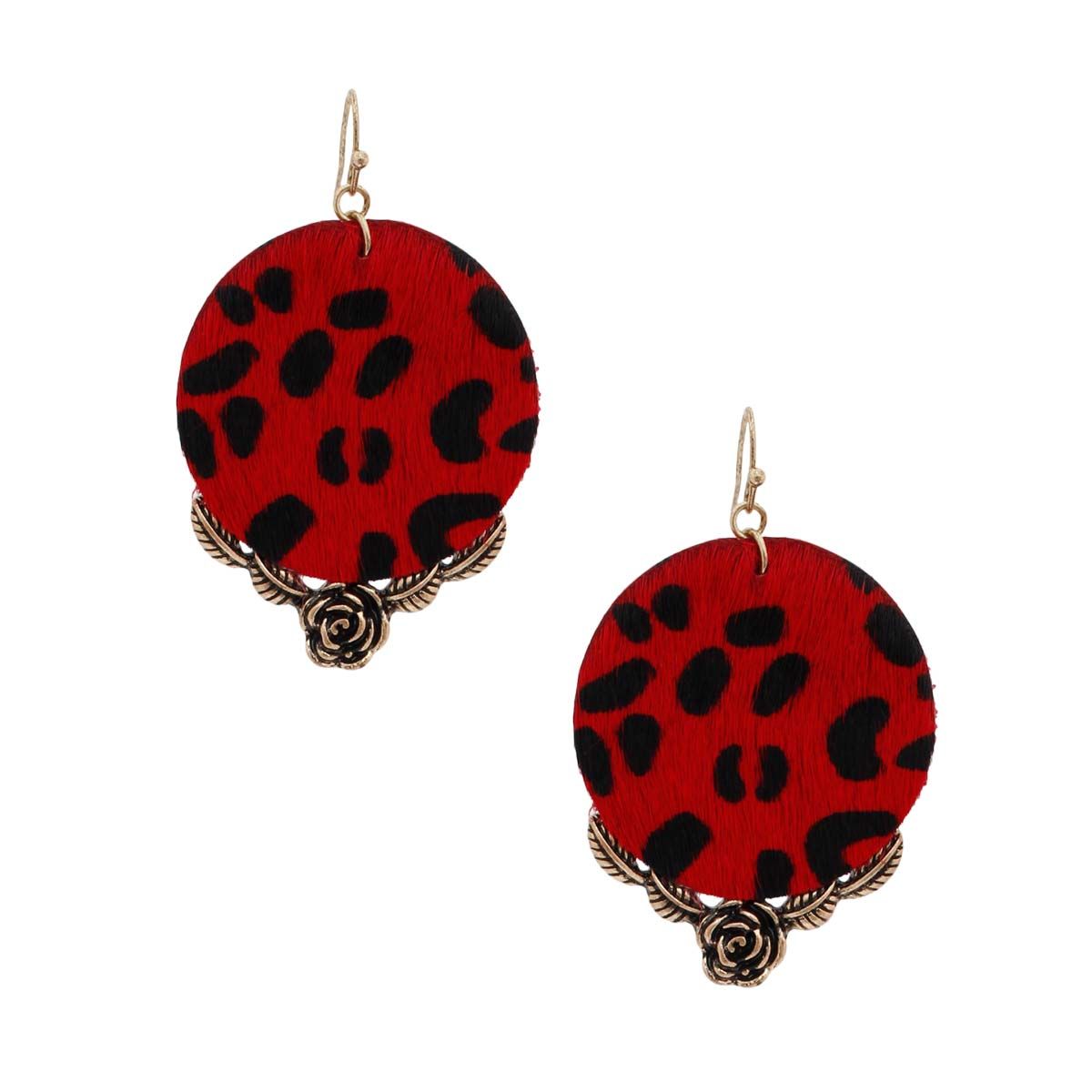Statement Leather Circle Earrings with Red Animal Print, Trendy Fashion Jewelry