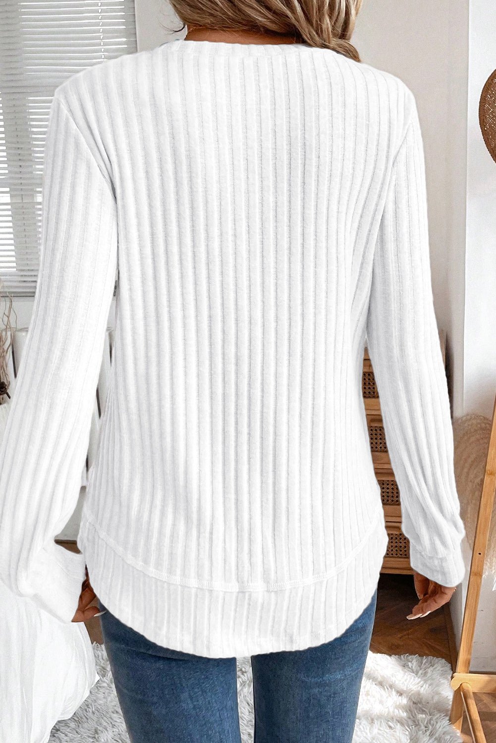 White Ribbed Texture Round Neck Long Sleeve Rounded Hem Knit Top - Loving It Shop