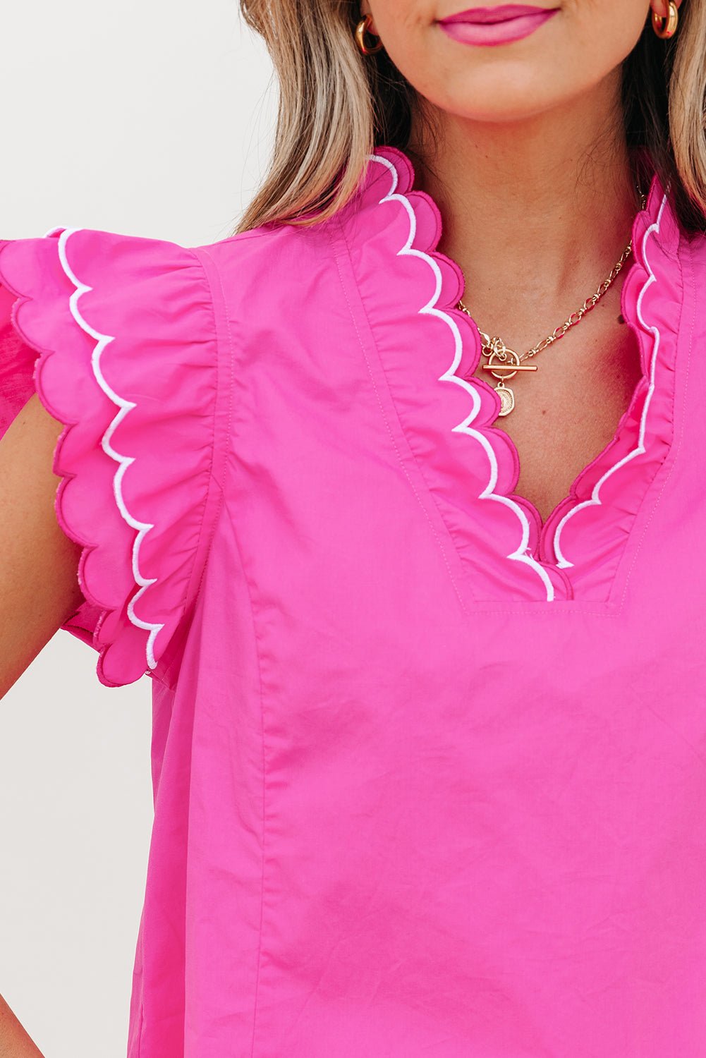 Bright Pink Contrast Scallop Trim Layered Short Sleeve V Neck Blouse - Loving It Shop