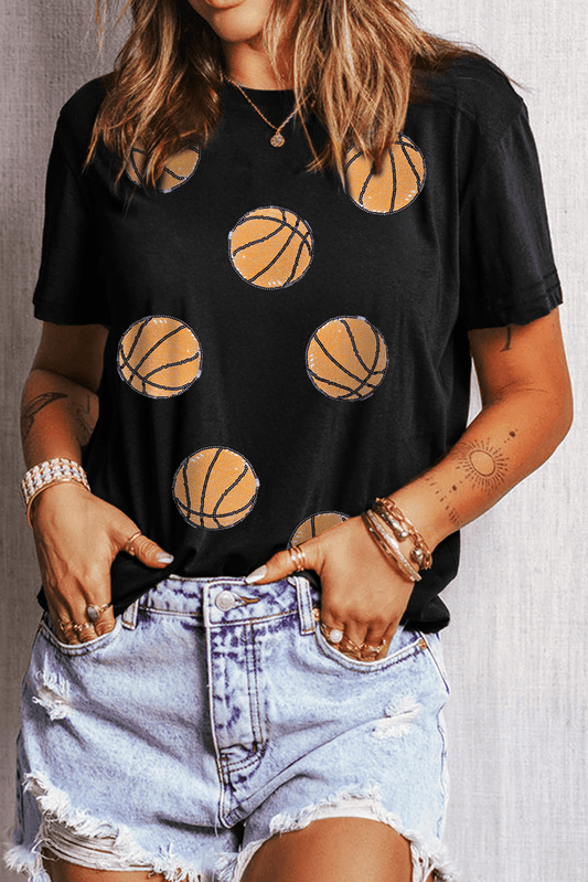 Black Sequin Basketball Graphic Crewneck Game Day T Shirt - Loving It Shop