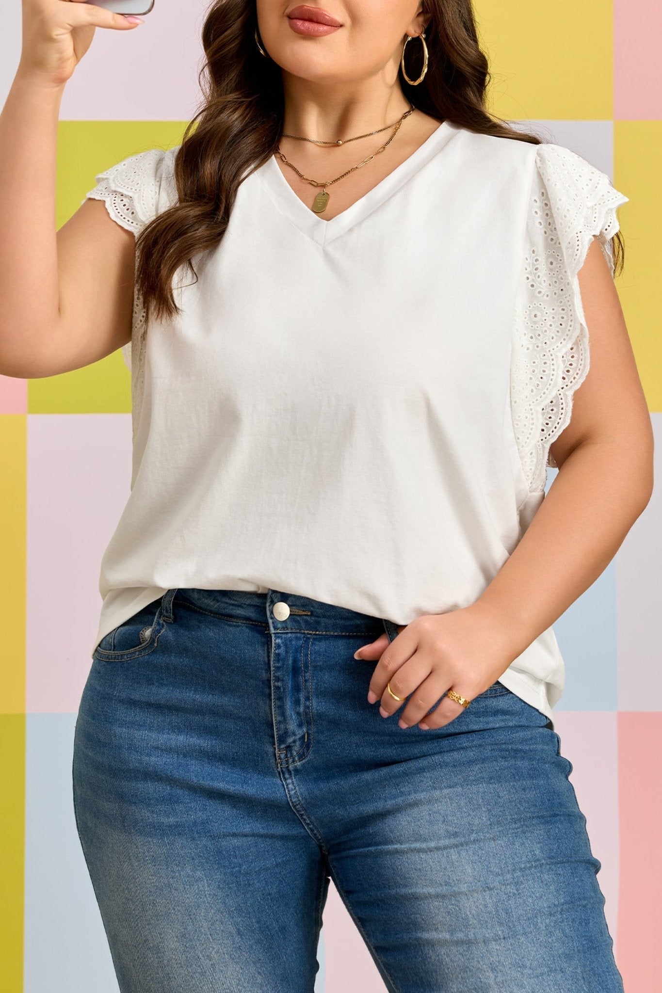 White Eyelet Crochet Splicing Short Sleeve Plus Size Tee - Loving It Shop