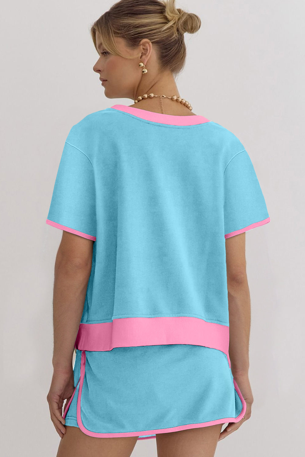 Bonbon Colorblock Edge Drop Shoulder T Shirt and Skort Set
