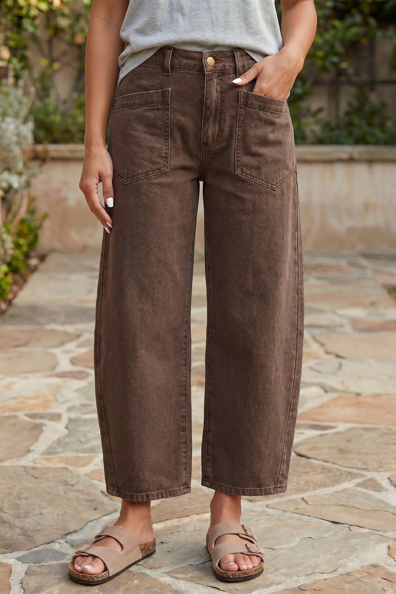 Coffee Solid Color Square Patch Pocket Ankle - length Barrel Jeans - Loving It Shop