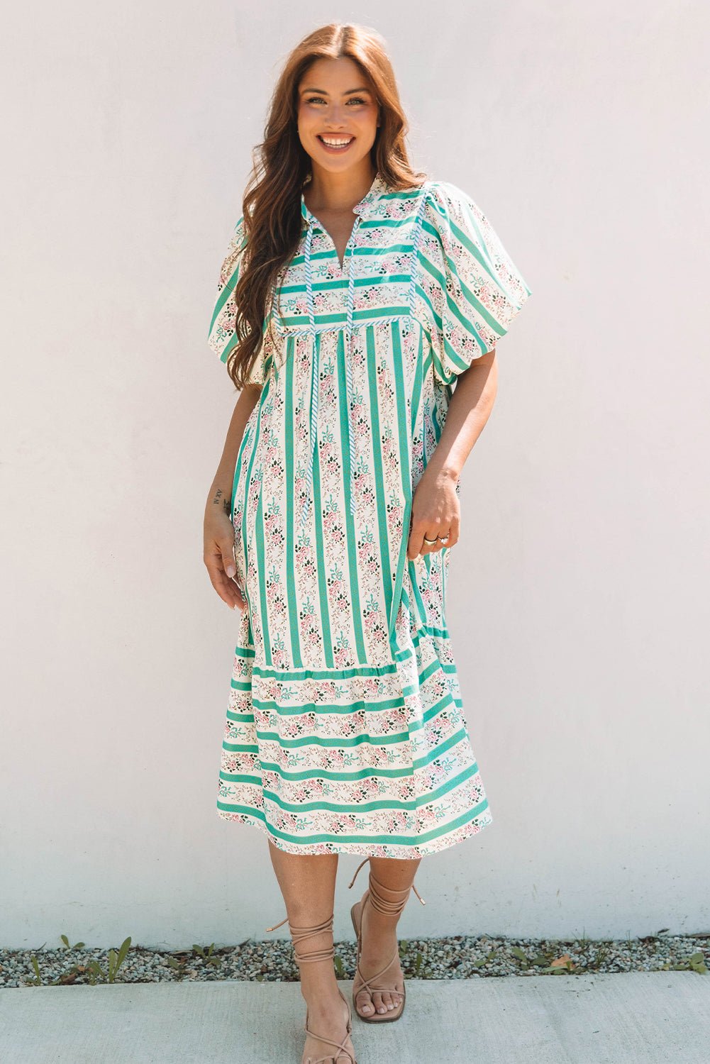 Multicolour Striped Floral Print Tie Split Neck Puff Sleeve Midi Dress - Loving It Shop