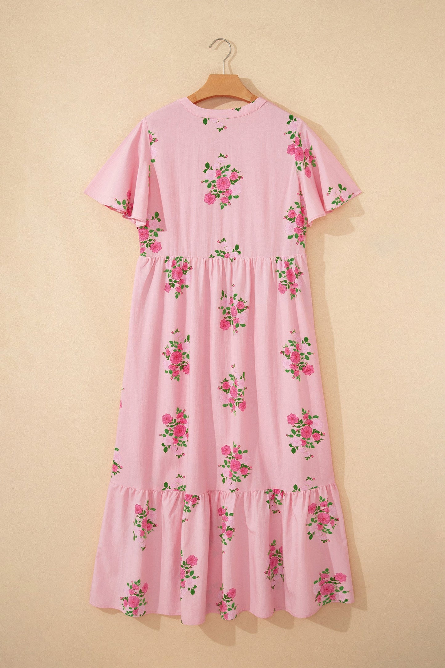 Pink Notched Neck Flutter Short Sleeve Floral Print Maxi Dress