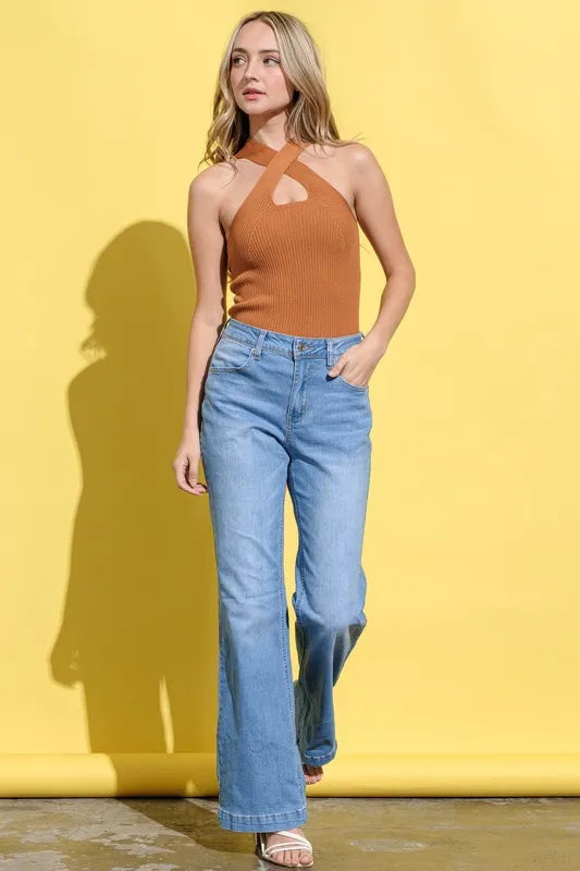 Basic Rib Cross Halter Neck Tank Top