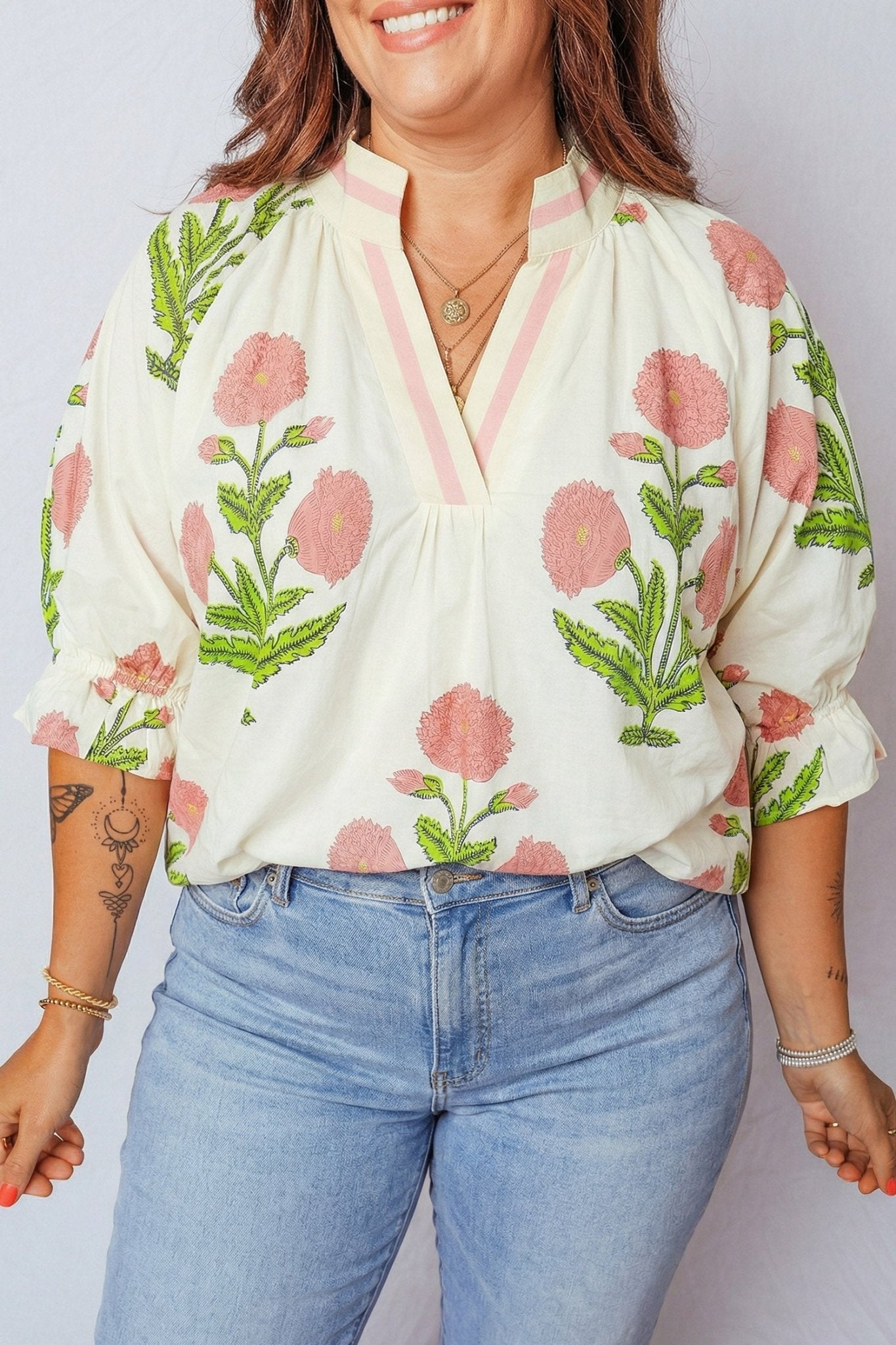 Pink Plus Size Floral Print Striped Trim V Neck Blouse - Loving It Shop