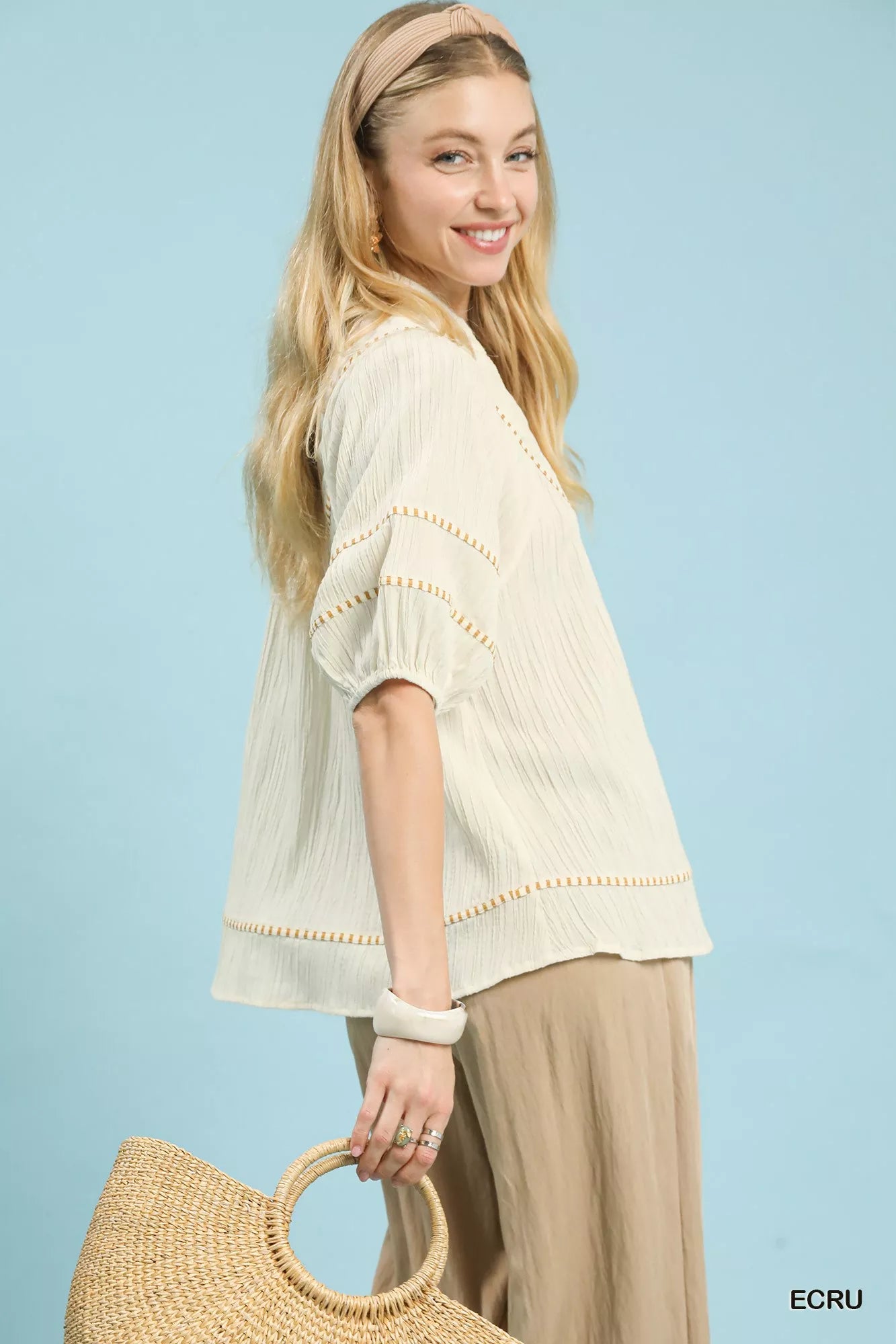 Textured Short Sleeve Top with Contrast Trim