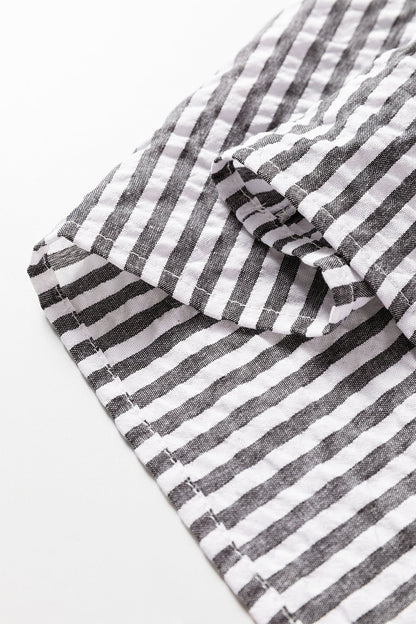 Dark Grey Striped Print Contrast Patchwork Detail Split Neck Blouse