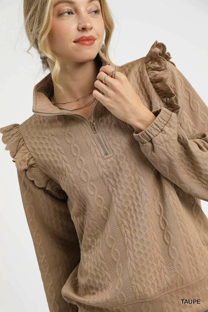 Cable Knit Textured Pullover with Ruffle Shoulders