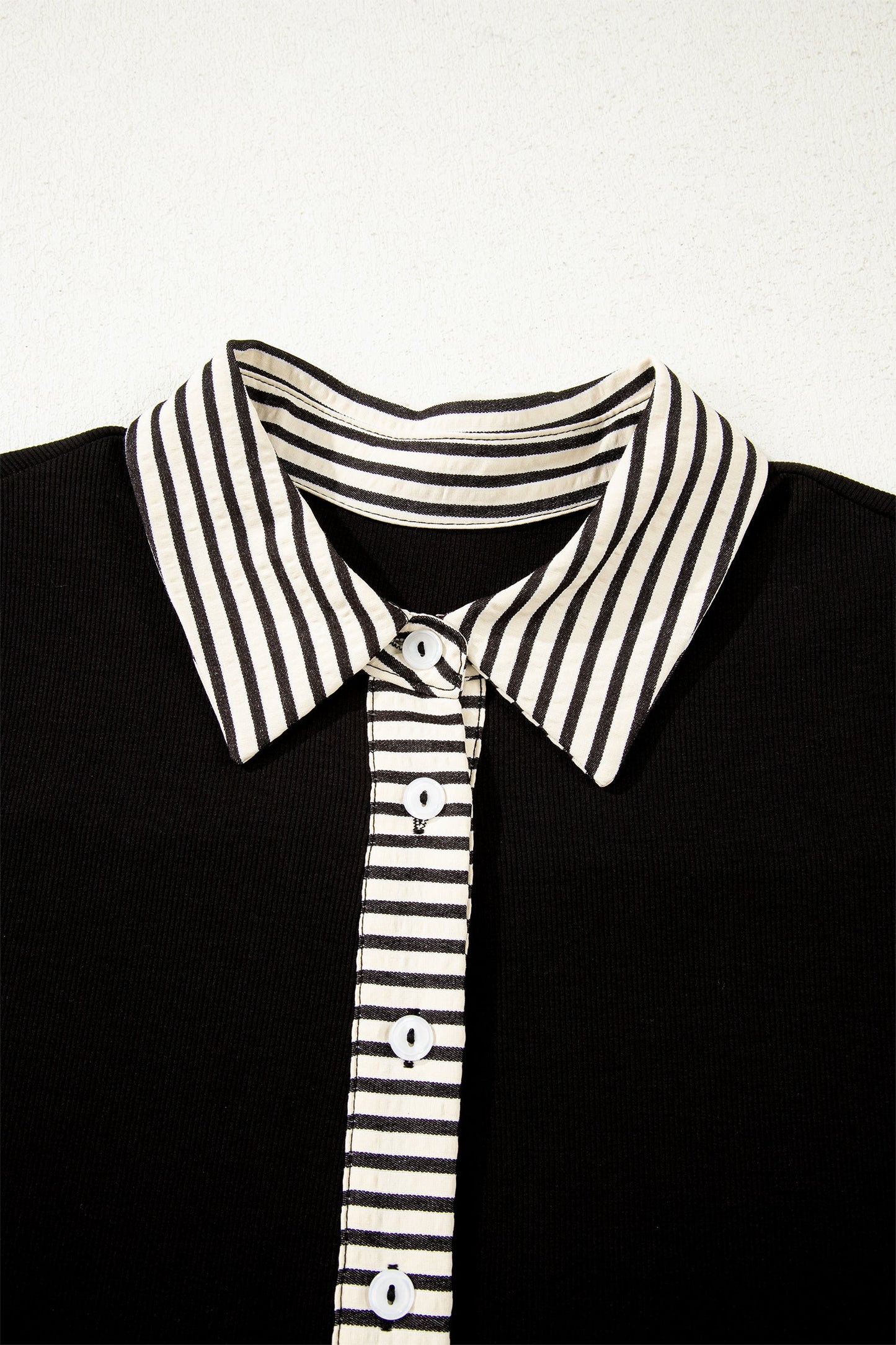 Black Stripe Detail Polo Collar Half Buttons Tied Short Sleeve Shift Mini Dress