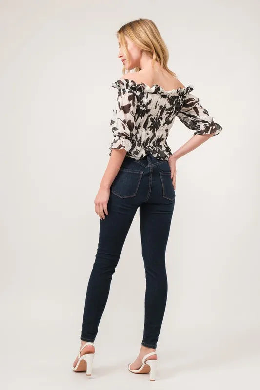 Smocked Off-Shoulder Floral Printed Top