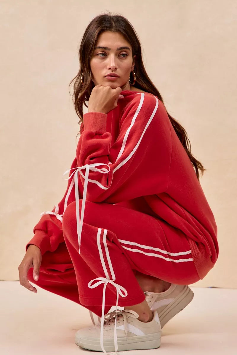 Side Lined Bow Details Fleece Sweatpants