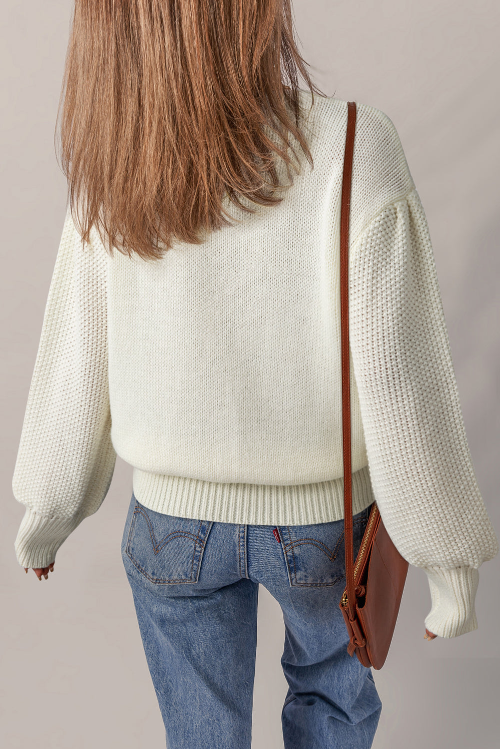 White Flower Detail Round Neck Contrast Textured Puff Sleeve Sweater