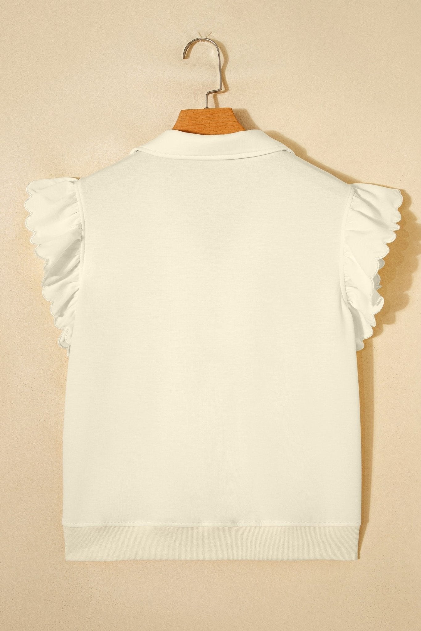 Beige Zipped up Collared Ruffled Short Sleeve Blouse - Loving It Shop