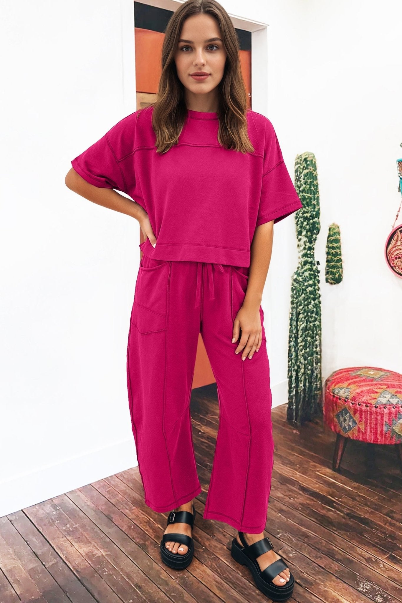 Rose Red Drop Shoulder Boxy Tee and Barrel Pants Set - Loving It Shop